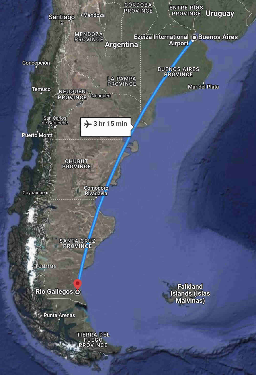 Google maps flight path of Buenos Aires to Río Gallegos