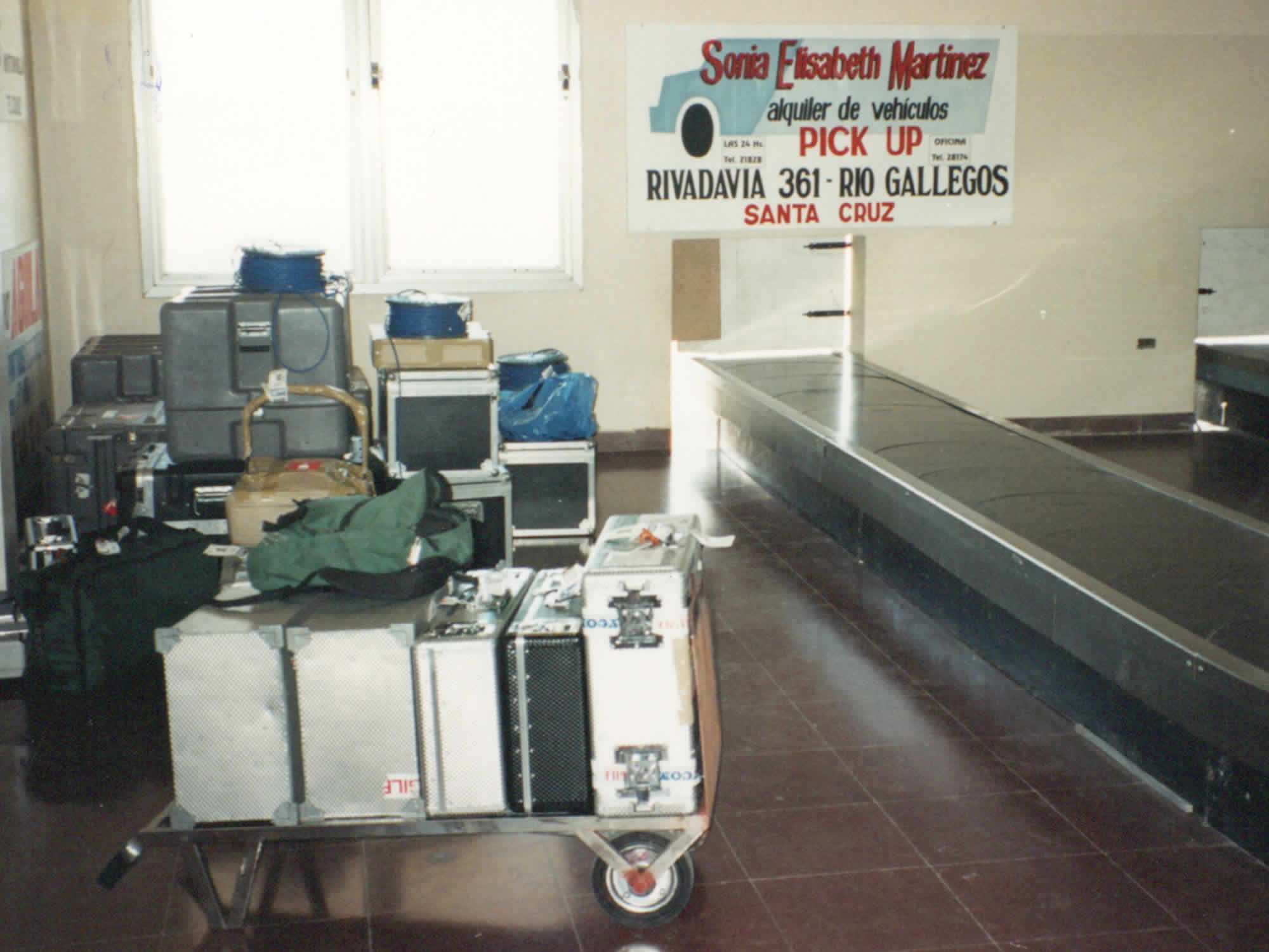 Photo of Río Gallegos baggage area with all our satellite equipment