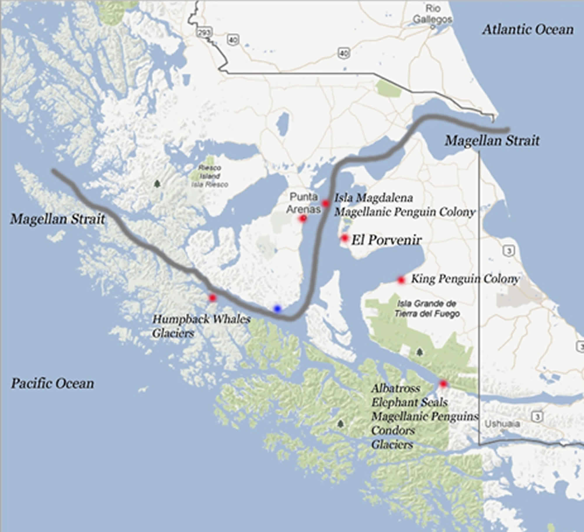 Google map of the shipping route through the Magellan Strait