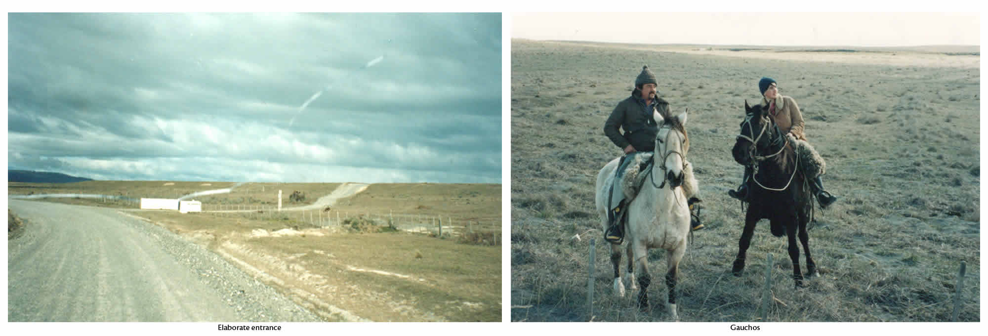 Two photos of a grand entrance from the road, and gauchos who came up to the road to chat with the crew