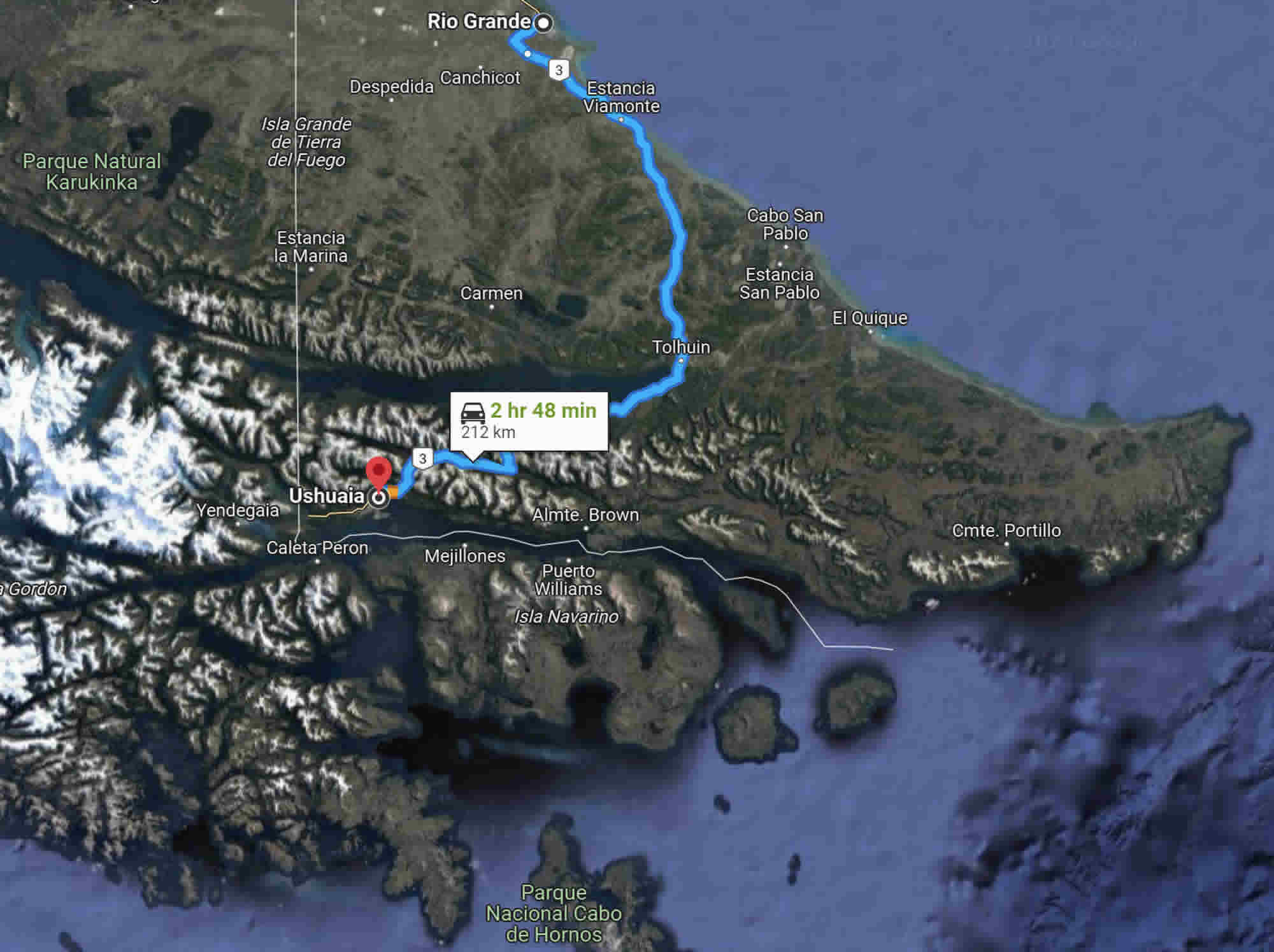 Google maps of the road from Río Grande to Ushuaia