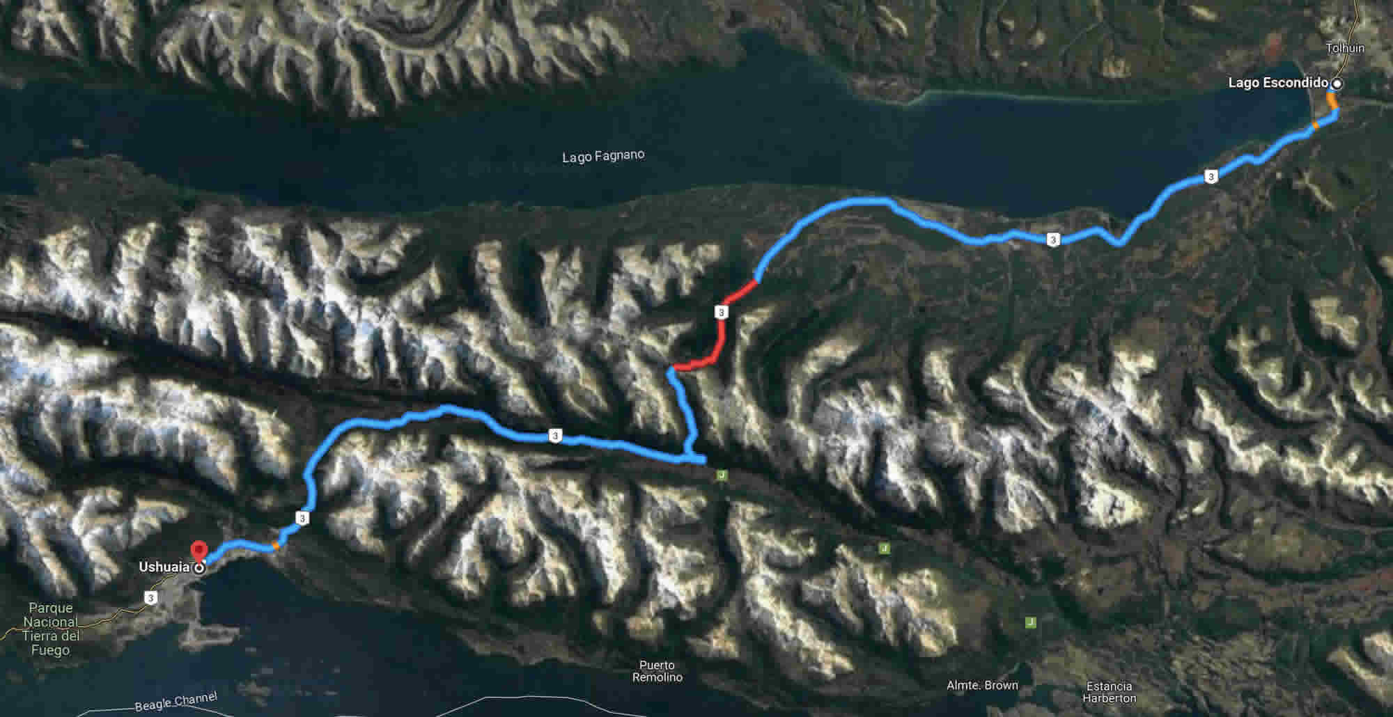 Google map of the road over the foot of the Andes from Lago Escondida to Ushuaia   