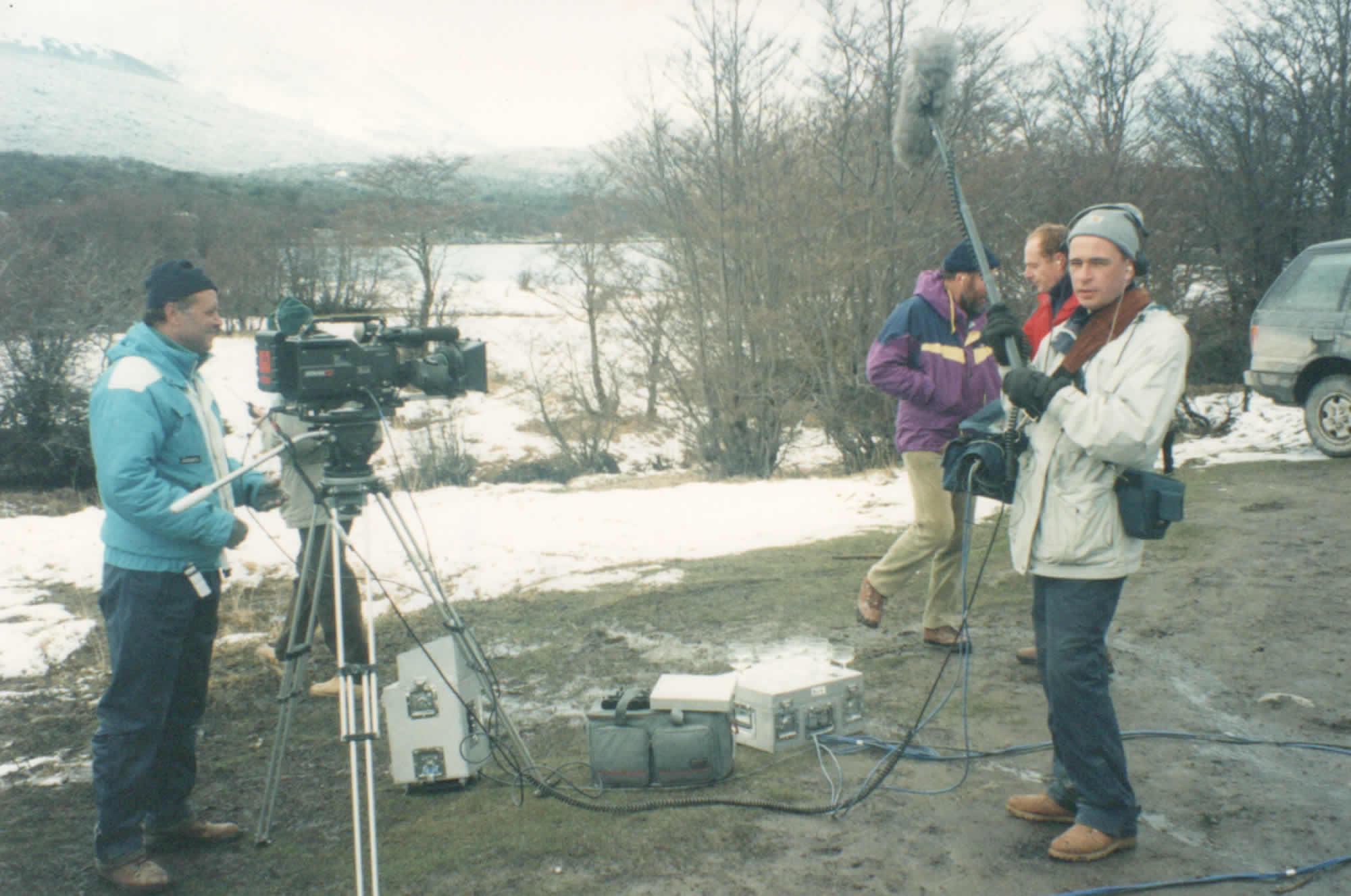 Photo of the film crew in Lapataia Bay setting up to start broadcasting