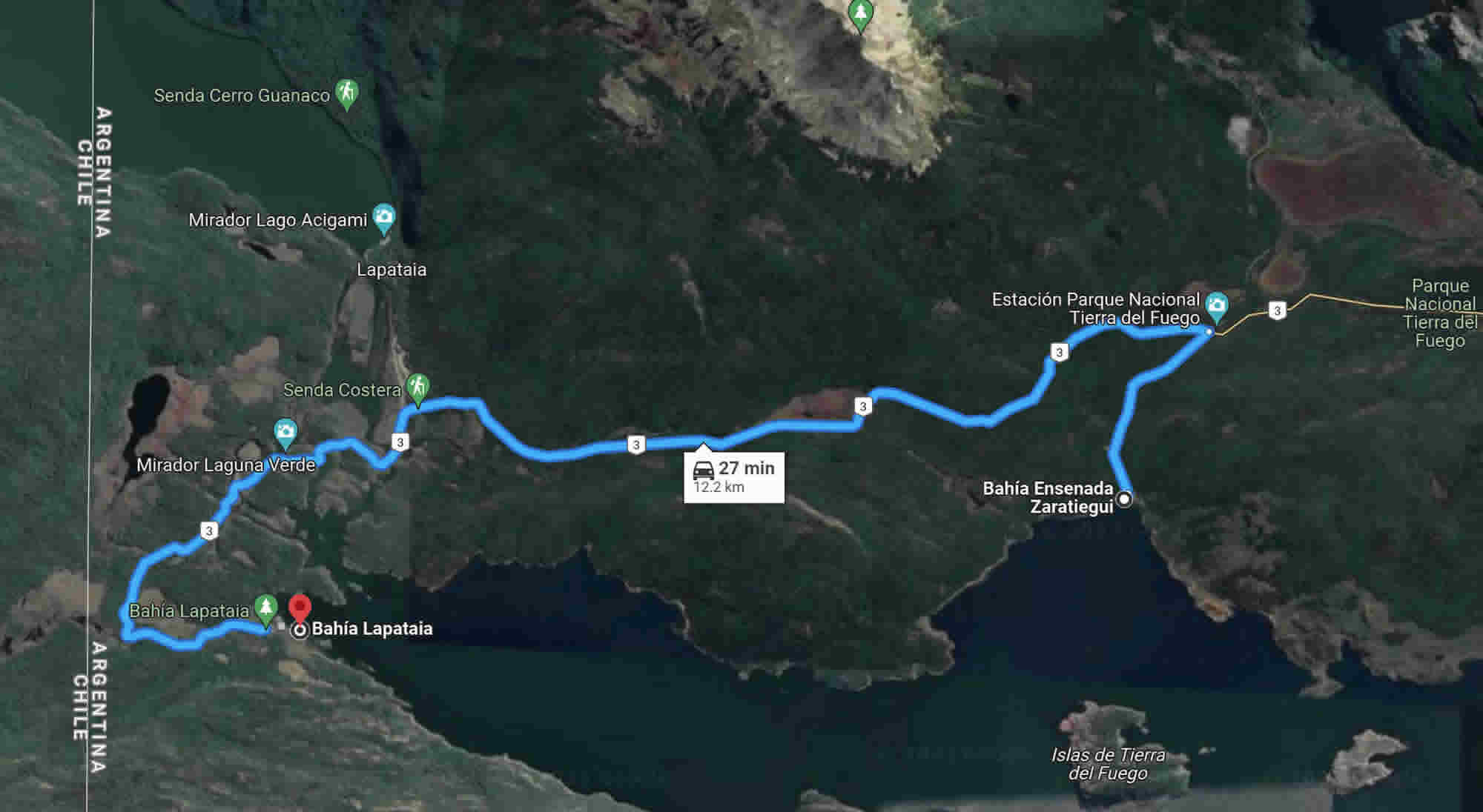 Google map of the road route from Bahia Lapataia to Bahia Ensenada