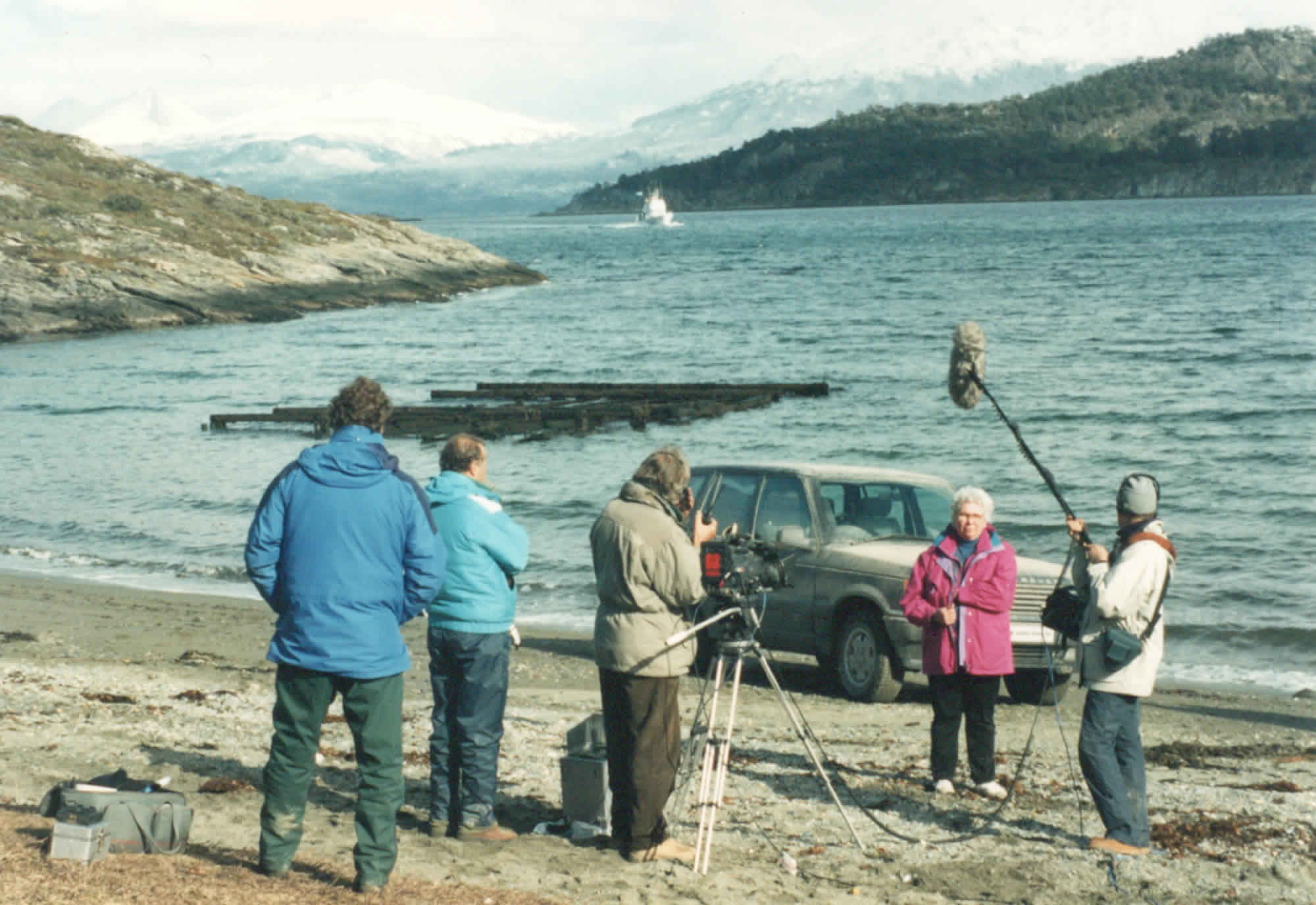 Photo of the beach and bay in Bahia Ensenada and a camera crew ready to film Natalie Goodall