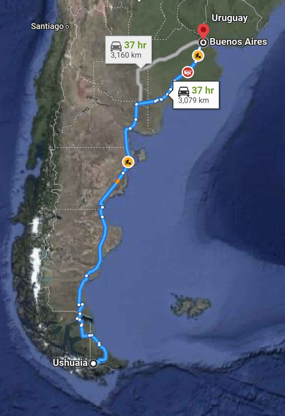 Google map of Ushuaia to Buenos Aires by road