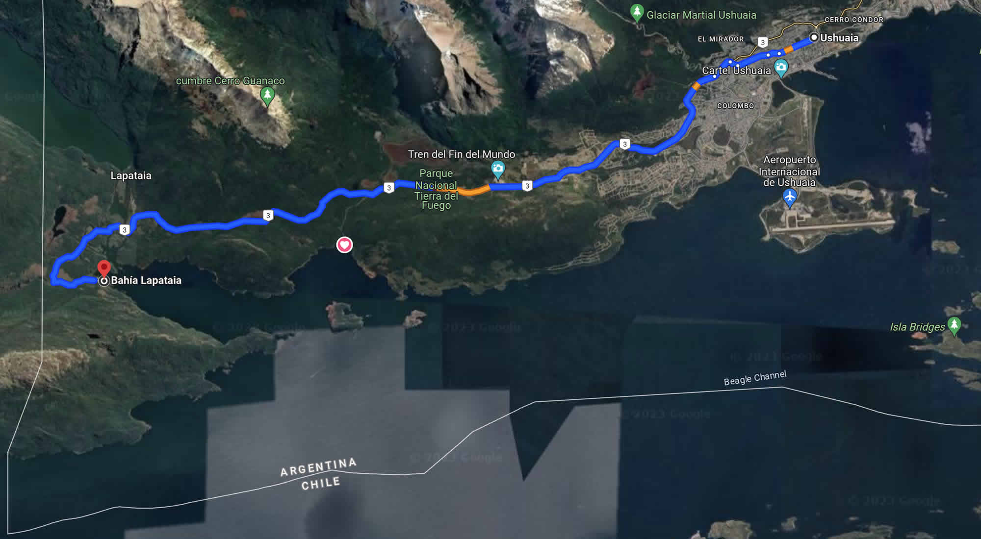 Googe map of the road from Ushuaia to Bahia Lapataia Bay