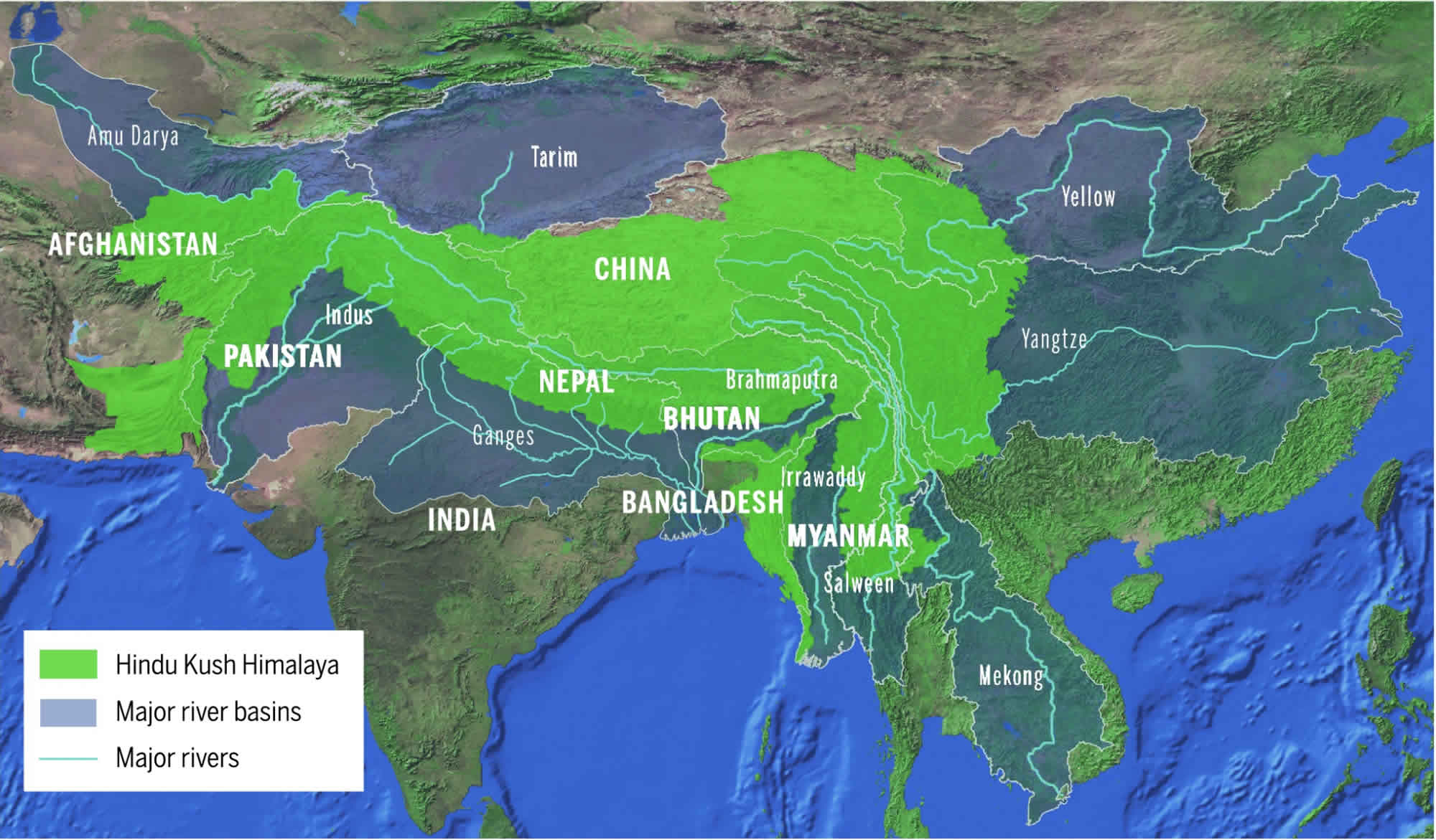 Graphic of the Hindu Kush Himalayan region and 10 major river basins